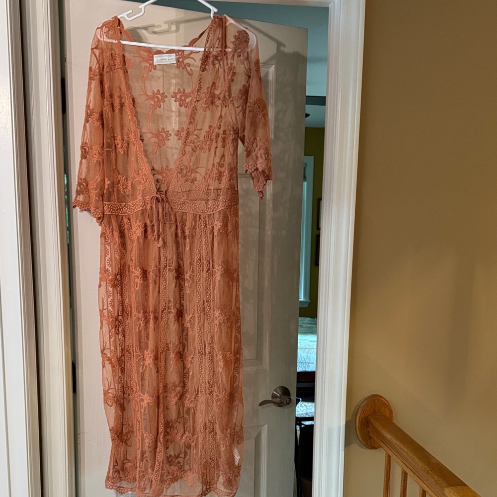 Sheer Embroidered V-Neck Midi Dress in Dusty Rose-Mustard Seed